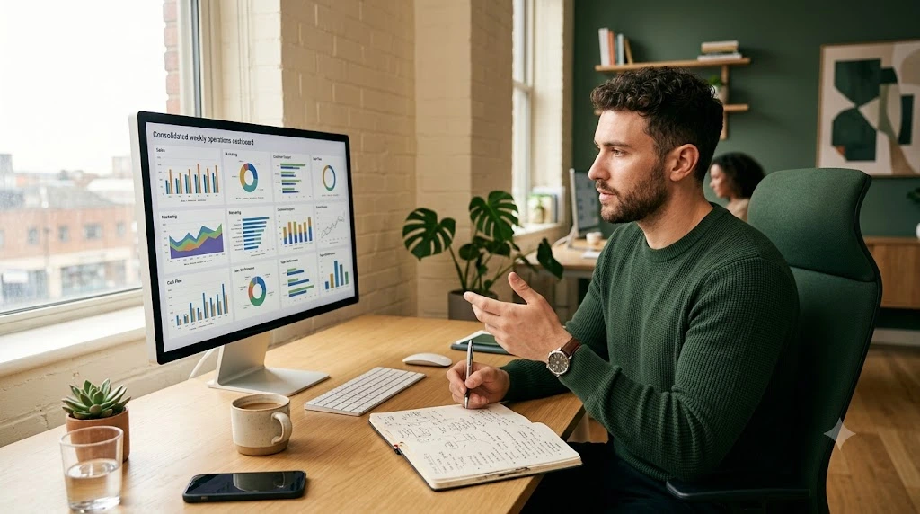 Founder reviewing an AI-generated weekly operations dashboard