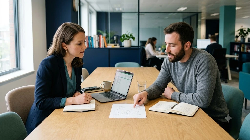 Two startup founders discussing a cofounder equity split at a meeting table