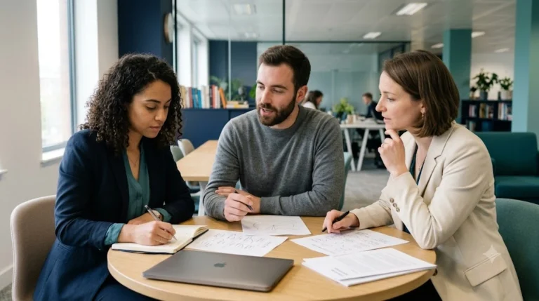 Three cofounders comparing contribution worksheets to discuss their equity split