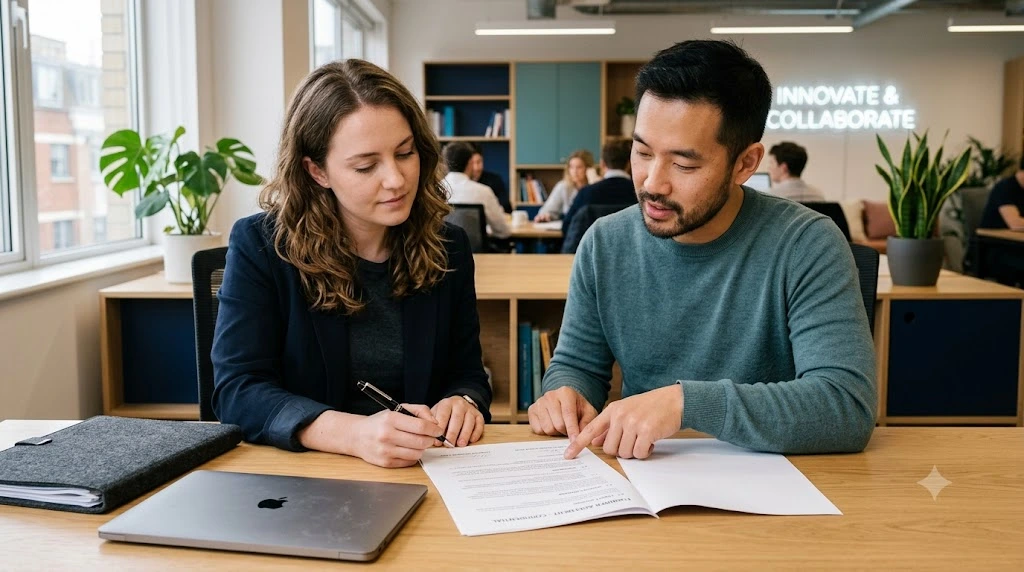 Two startup cofounders reviewing their equity agreement before signing