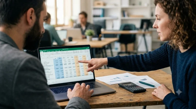 Founder and finance adviser reviewing a monthly cash-flow forecast to estimate startup funding needs