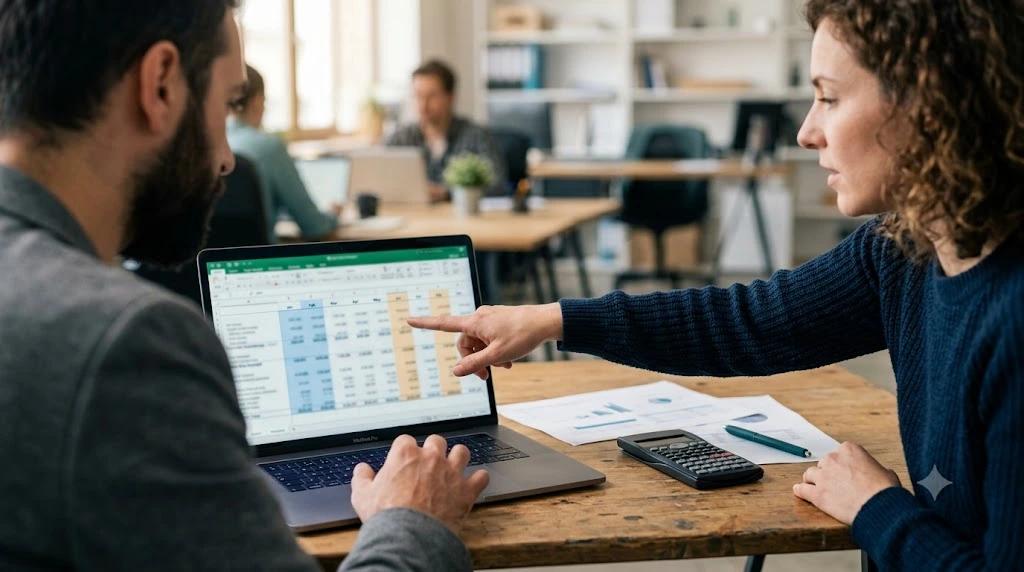 Founder and finance adviser reviewing a monthly cash-flow forecast to estimate startup funding needs