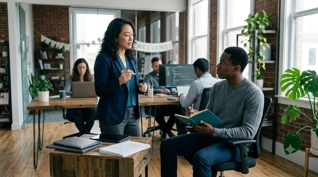 Startup founder explaining a 30-60-90-day onboarding plan