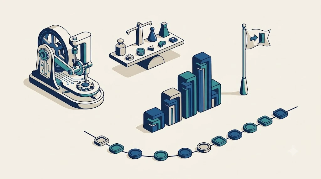 Five visual symbols representing common startup valuation methods