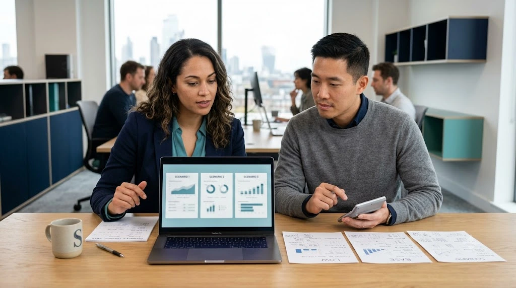 Founder and analyst comparing revenue multiple assumptions for a SaaS startup