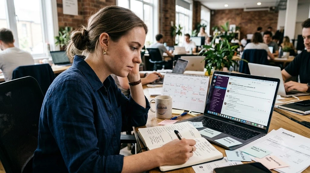 startup founder reviewing an overwhelming workload
