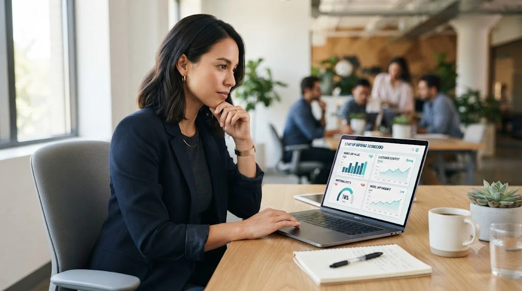 Founder reviewing an AI startup defensibility scorecard on a laptop