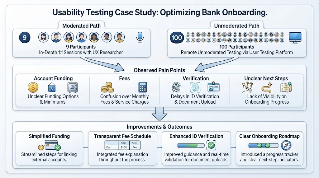 Bank onboarding flow case study showing moderated and unmoderated testing results