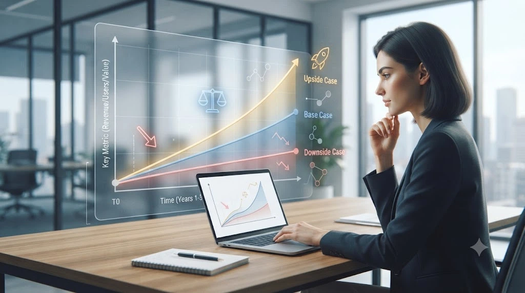 Base upside and downside scenarios in startup financial projections