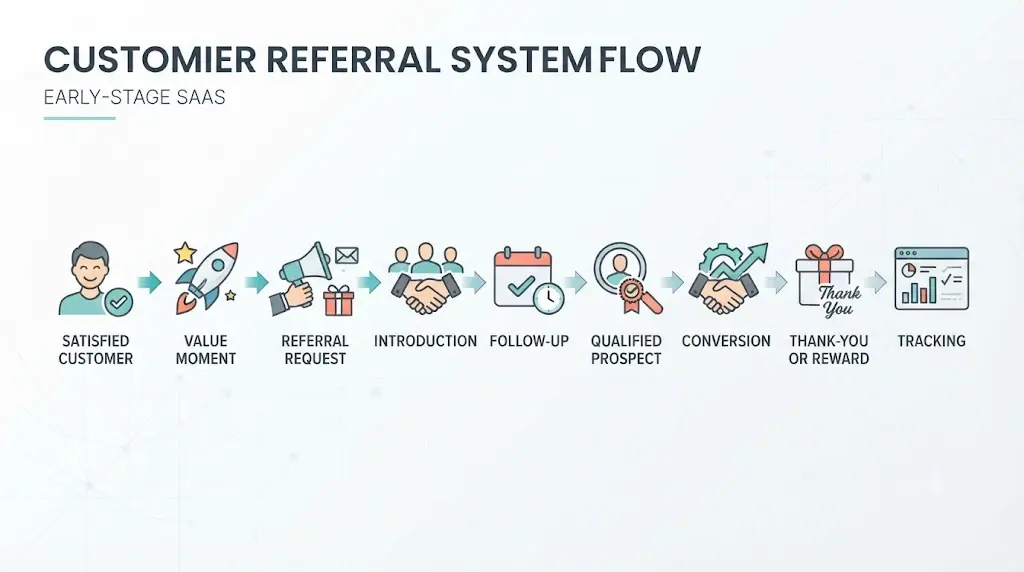 Customer referral system flow from customer to qualified prospect