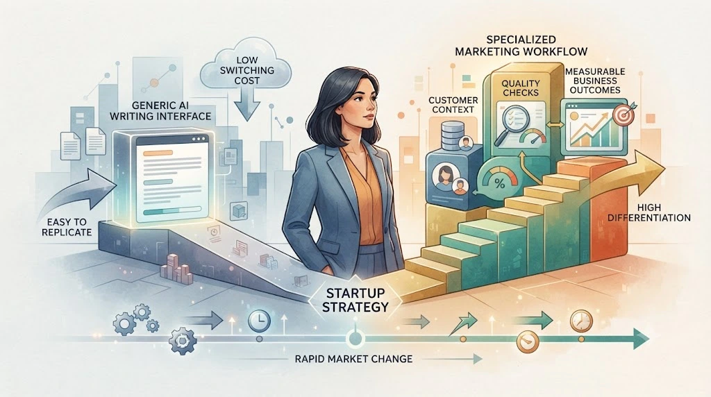 Illustration comparing a replaceable AI writing feature with a specialized workflow and customer context