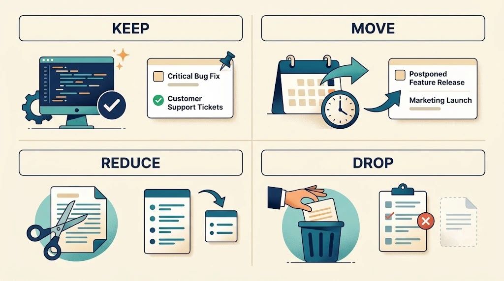 Keep, Move, Reduce and Drop decision grid for weekly replanning