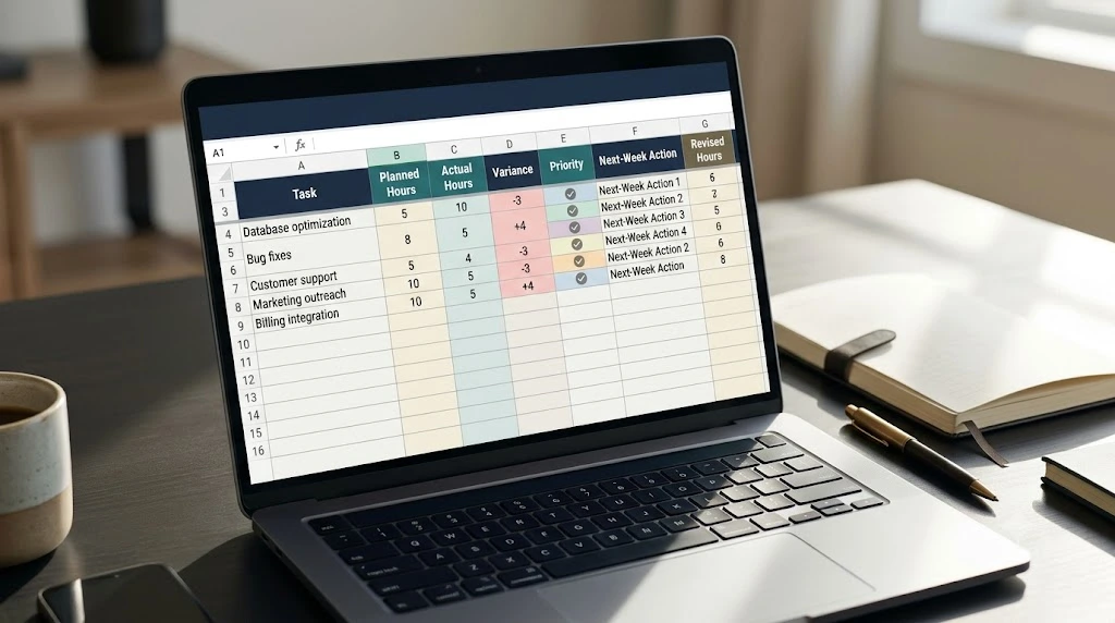 Preview of the solo SaaS weekly replanning worksheet
