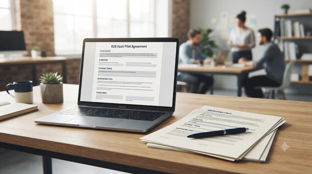 Sample SaaS pilot agreement with editable fields for scope, fees, dates, and signatures