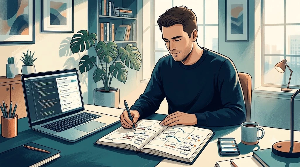 Solo SaaS founder reviewing a weekly plan that no longer matches the real workload