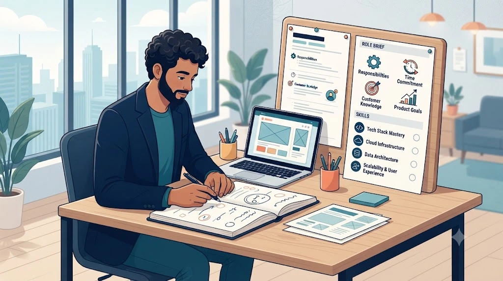 Startup founder organizing technical skills, responsibilities, and commitment for a cofounder role brief