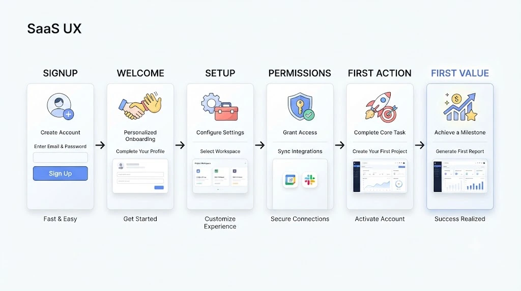 Stages of a user onboarding flow from signup to first value